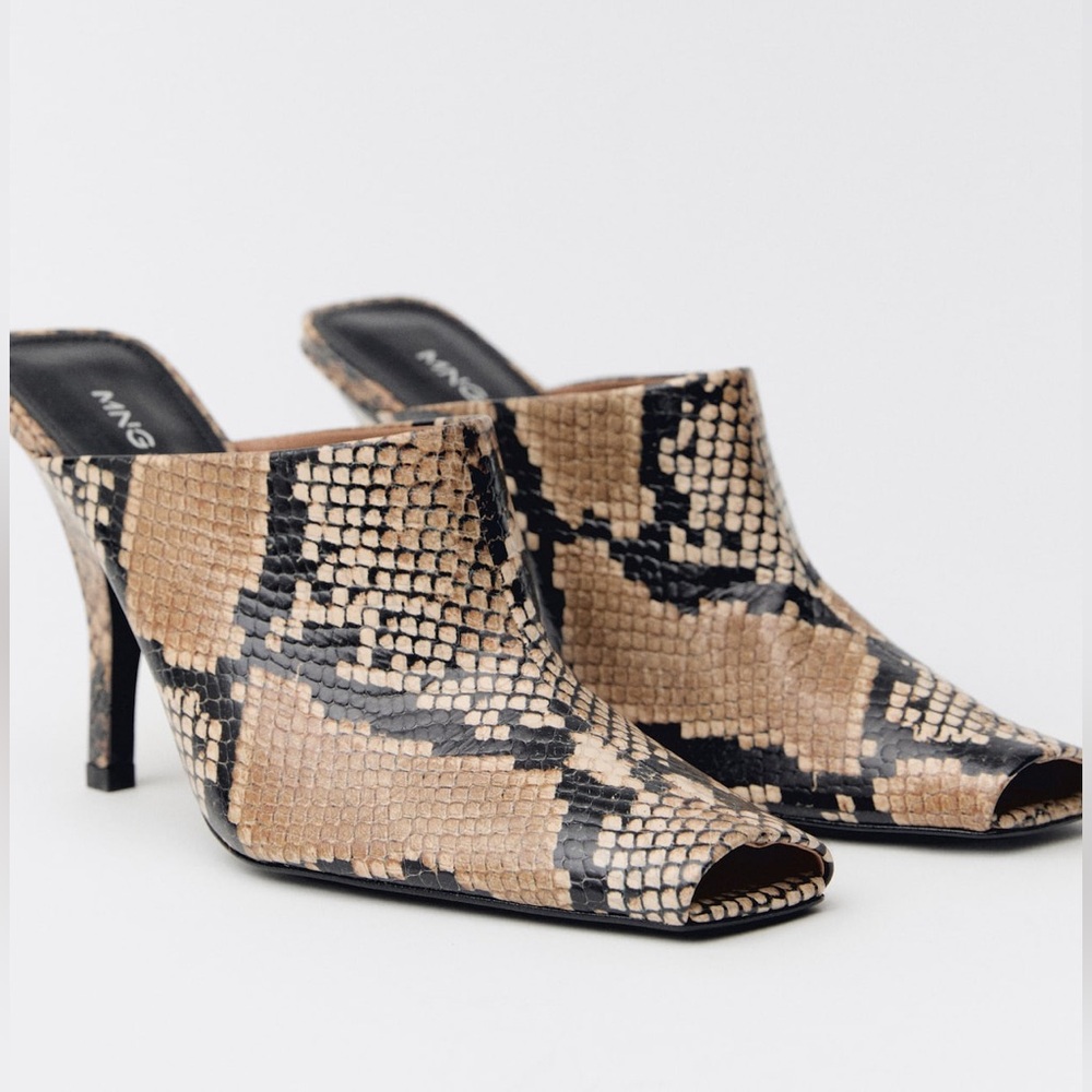 Mango Snake-Print Mule Heels in Beige and Black - Picture 3 of 11